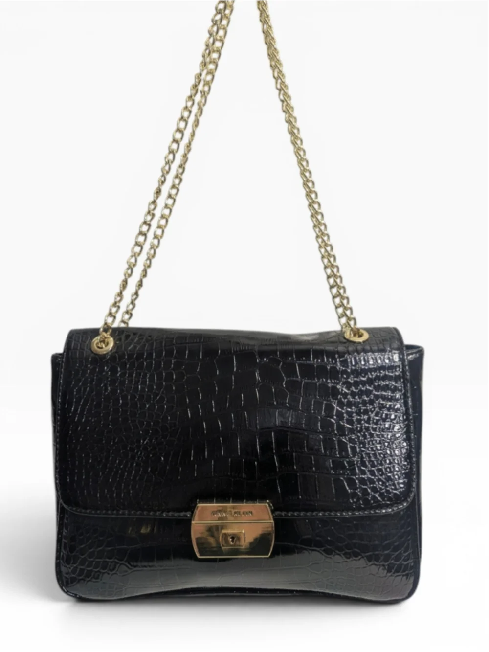 Anne Klein Black Croco Luxe II Shoulder Bag Gold